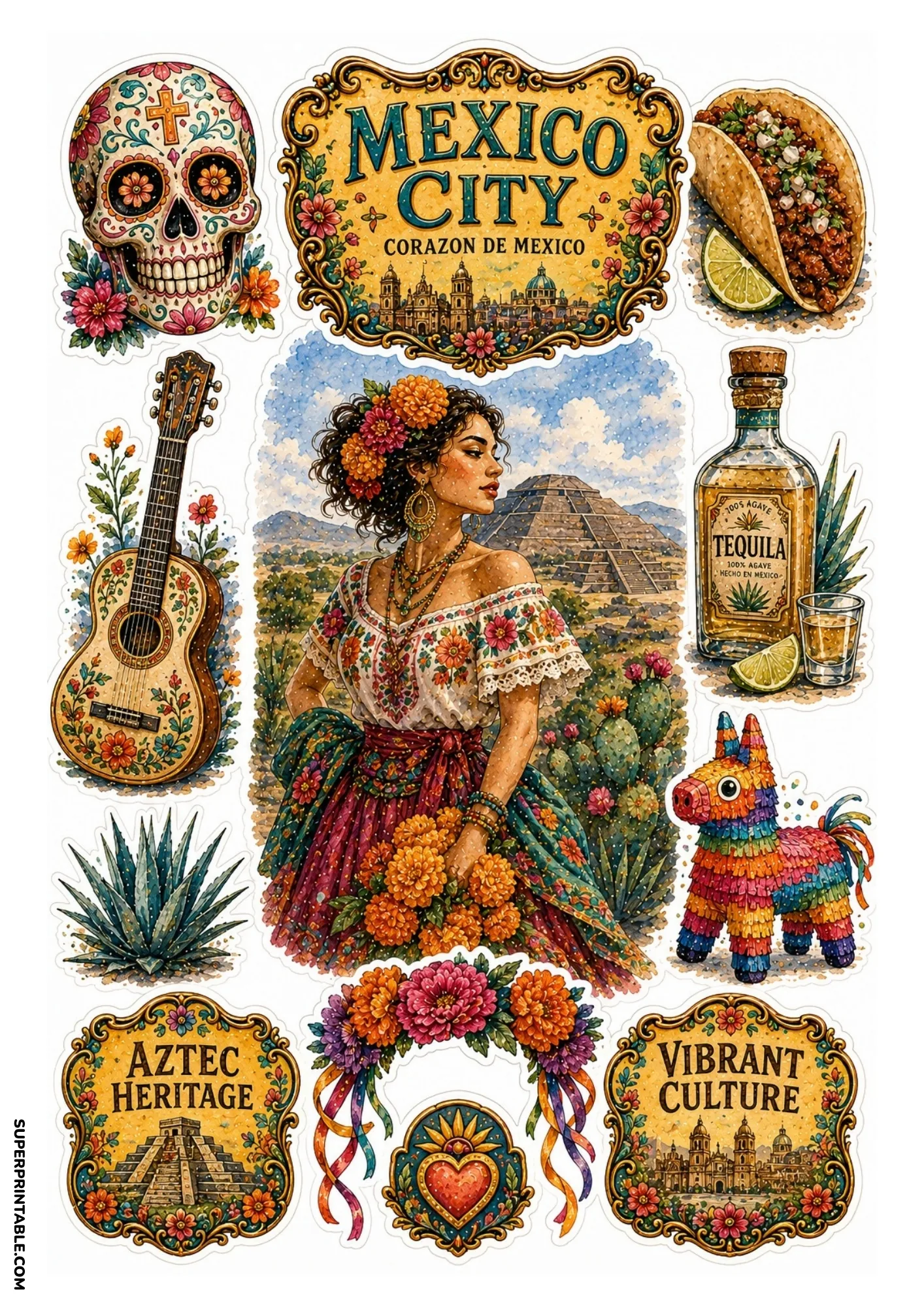 Mexico City travel sticker sheet featuring sugar skull, tacos, and Aztec pyramid