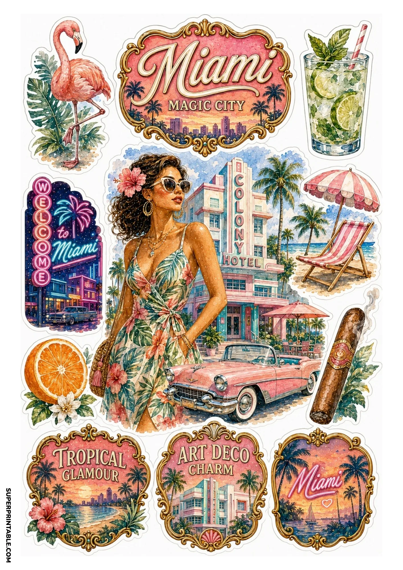 Printable Miami sticker sheet featuring Art Deco hotel, flamingo, and ocean view