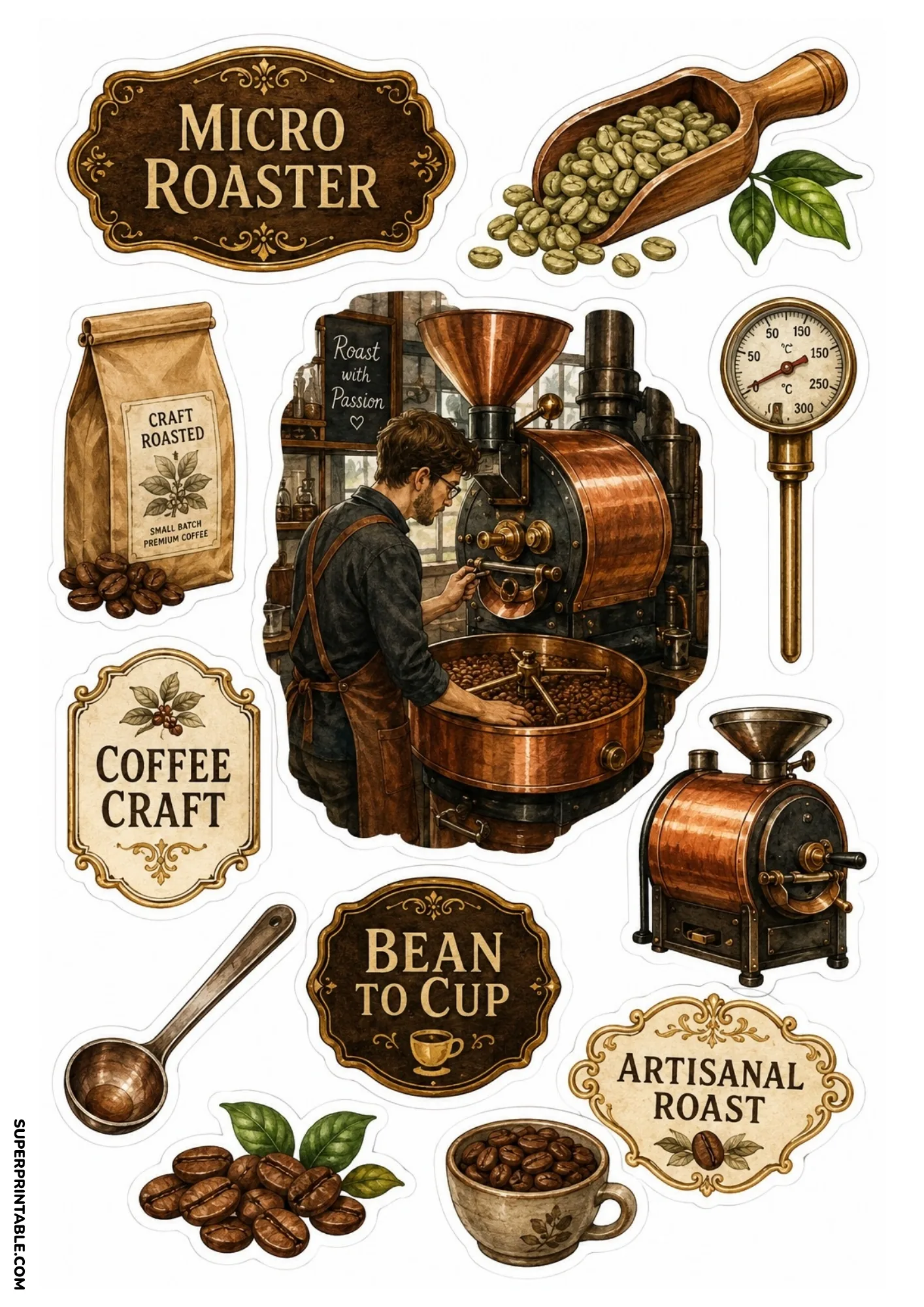 Micro coffee roaster stickers showing drum roasting machine, thermometer, and roasted coffee beans.