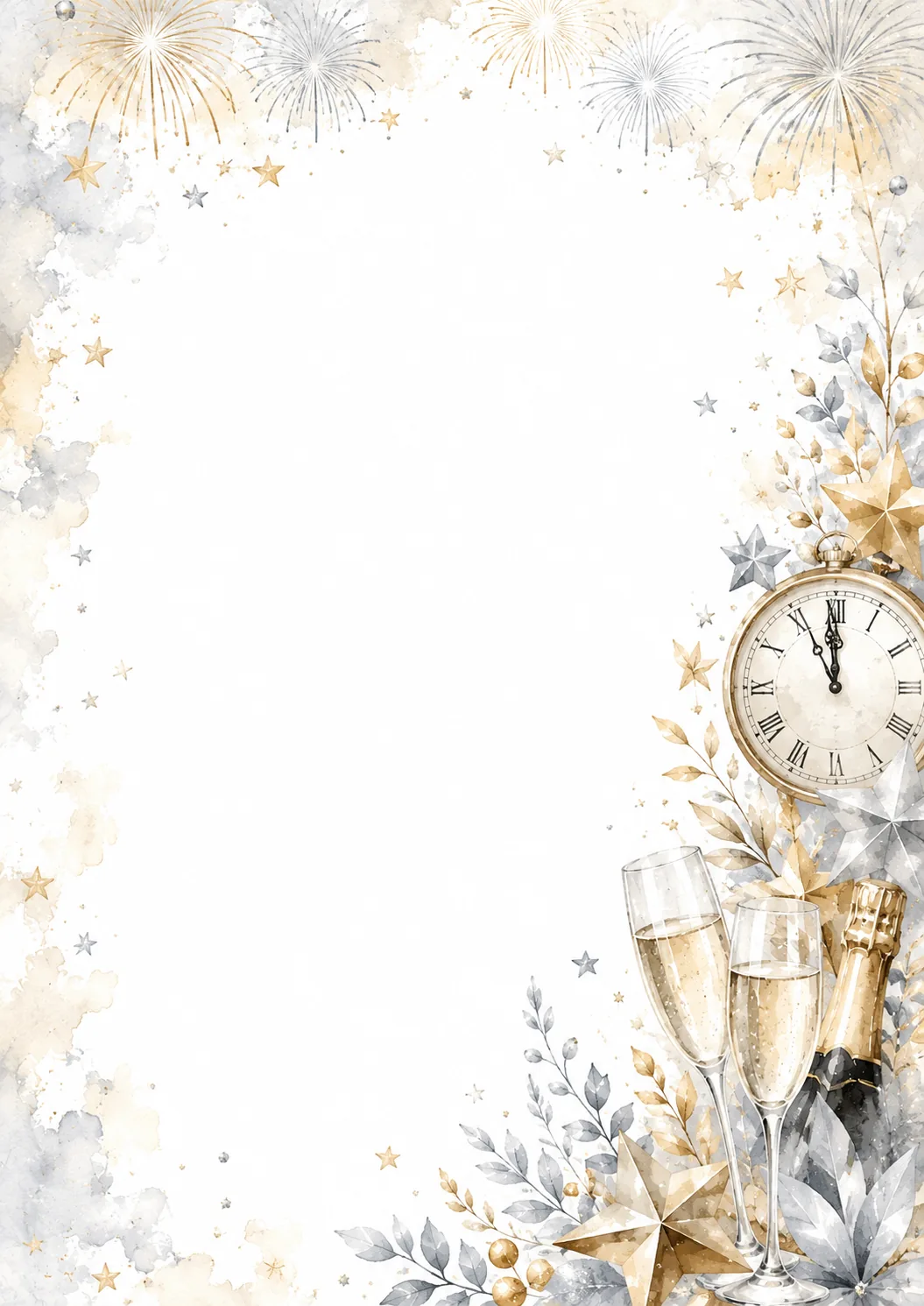 Festive writing sheet with midnight clock, champagne glasses and watercolor fireworks border.