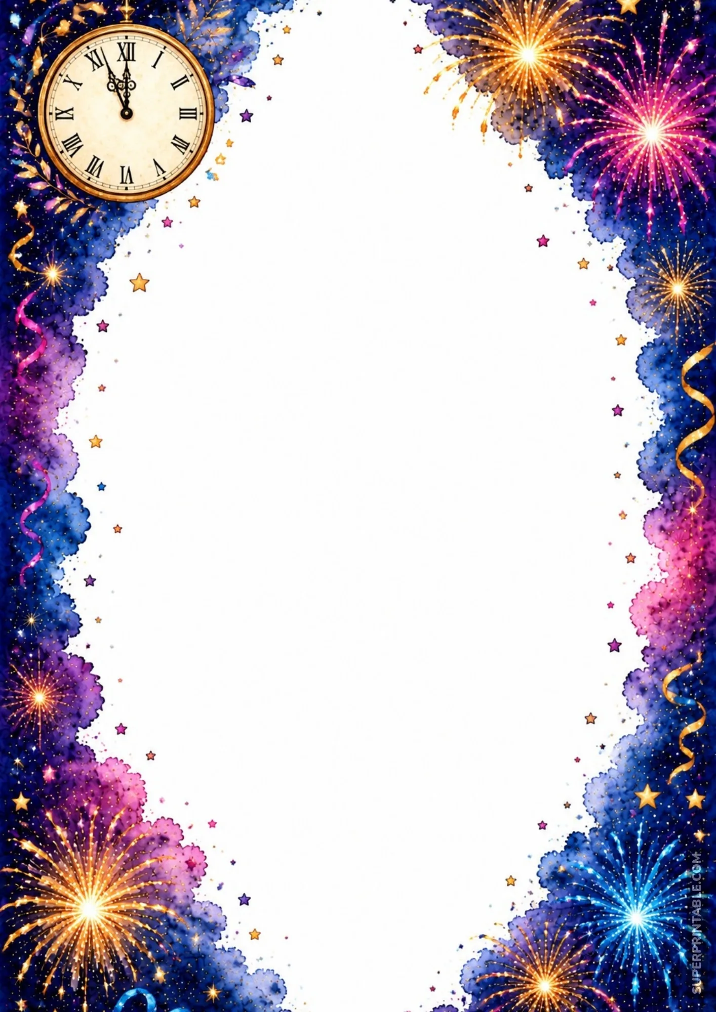 Midnight clock face illustration surrounded by purple night clouds and golden fireworks bursts on a page border.