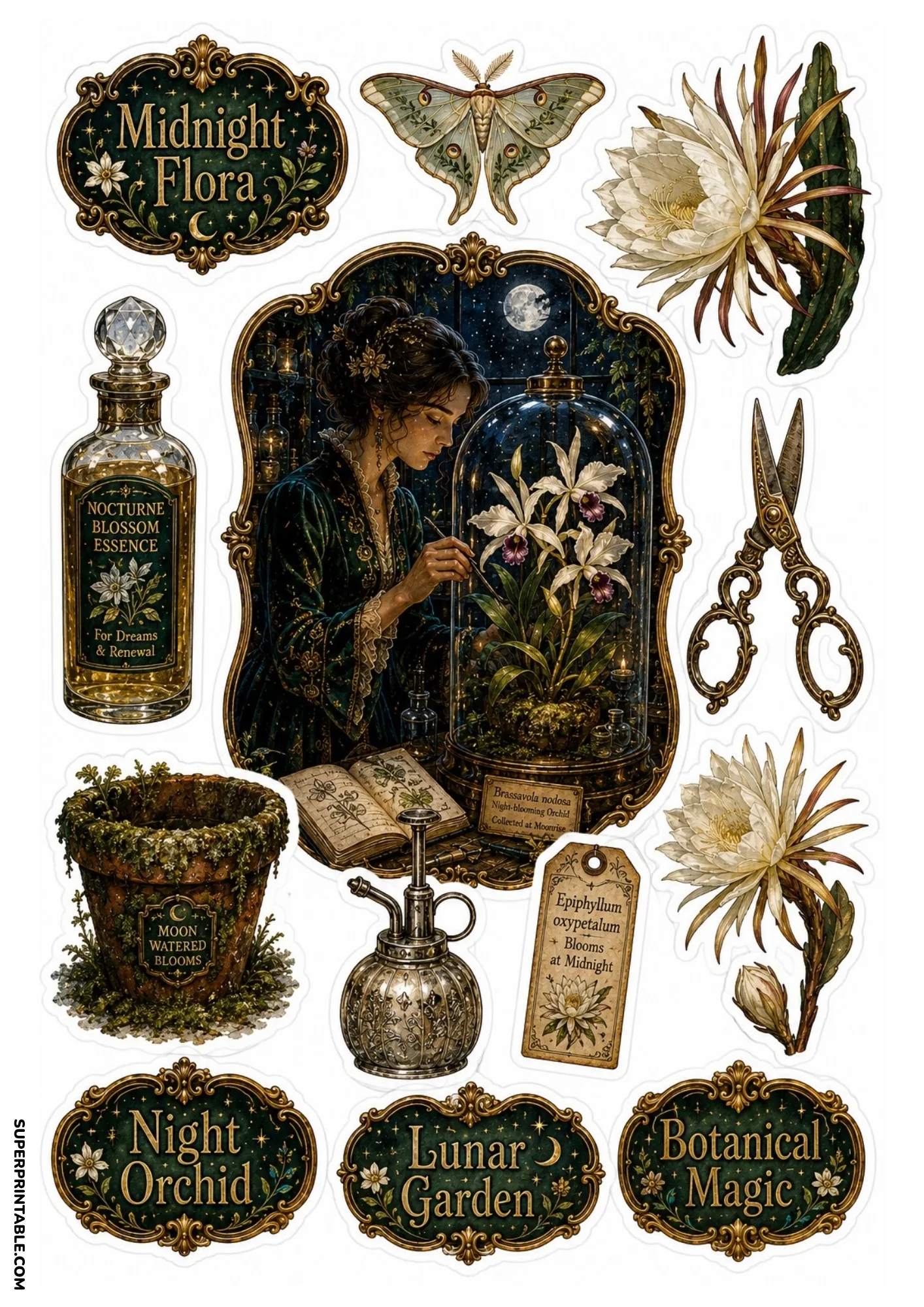 Botanist with night-blooming orchid cloche, luna moth, shears, mossy pot, and botanical essence glass bottle.
