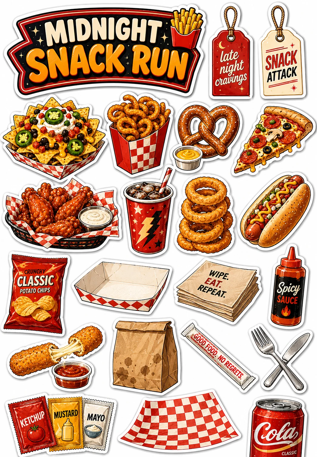 Midnight Snack Run Onion Rings Wings Cola Sheet featuring fast food, retro diner comfort food, junk food treats, and late night cravings.