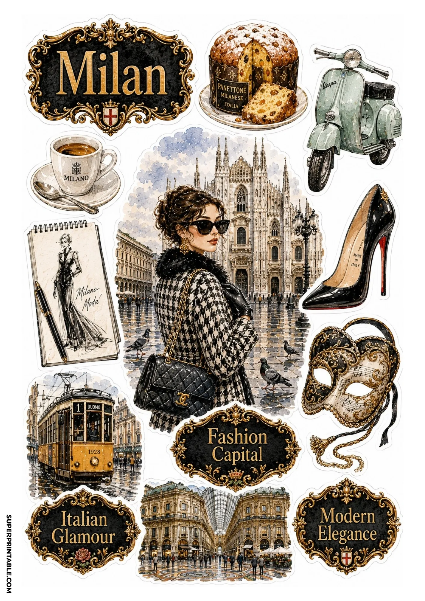 Milan fashion sticker sheet showing Duomo cathedral, Vespa scooter, and fashion sketch