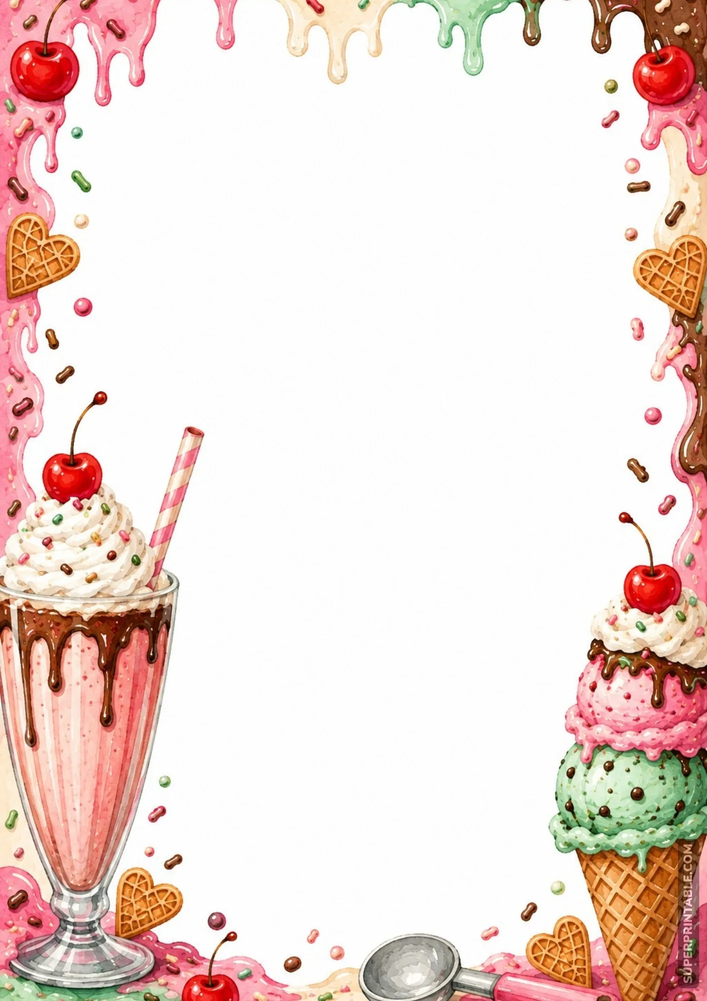 Pink classic milkshake in a glass glass next to an ice cream cone on a decorative border.