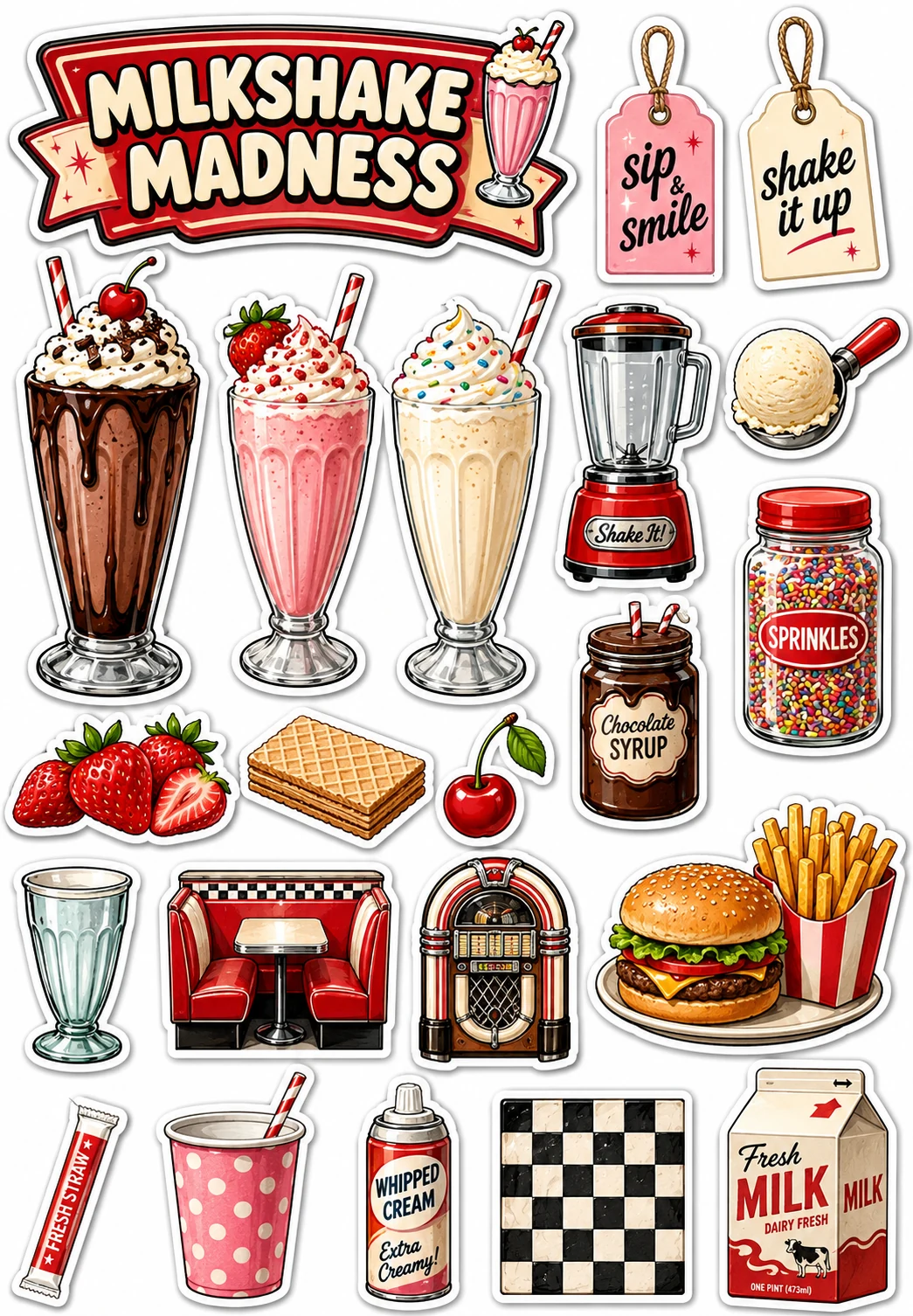 Milkshake Madness Retro Diner Jukebox Sheet featuring fast food, retro diner comfort food, junk food treats, and late night cravings.