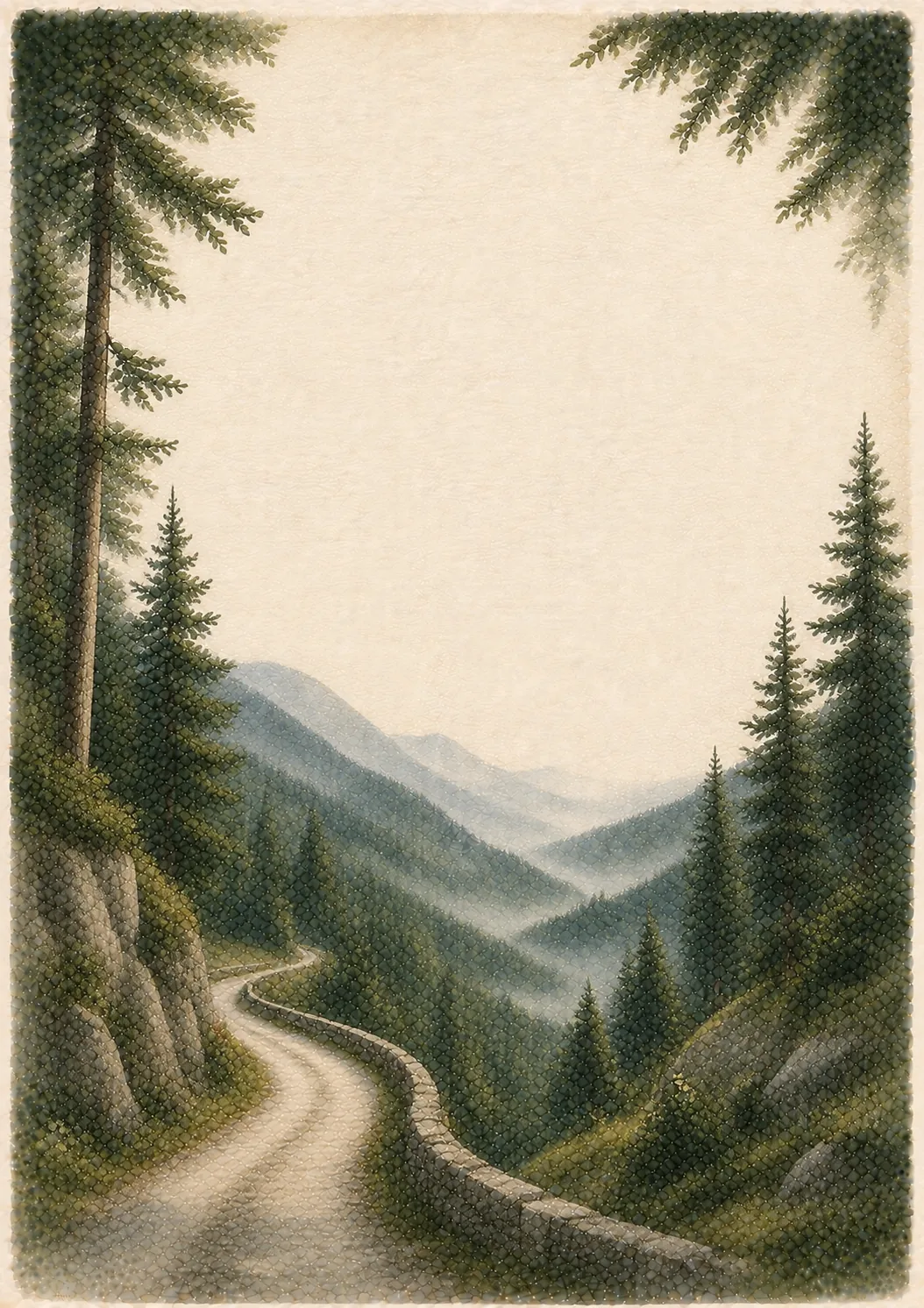 Misty mountain road winding through dense pine trees into a quiet Bavarian valley.
