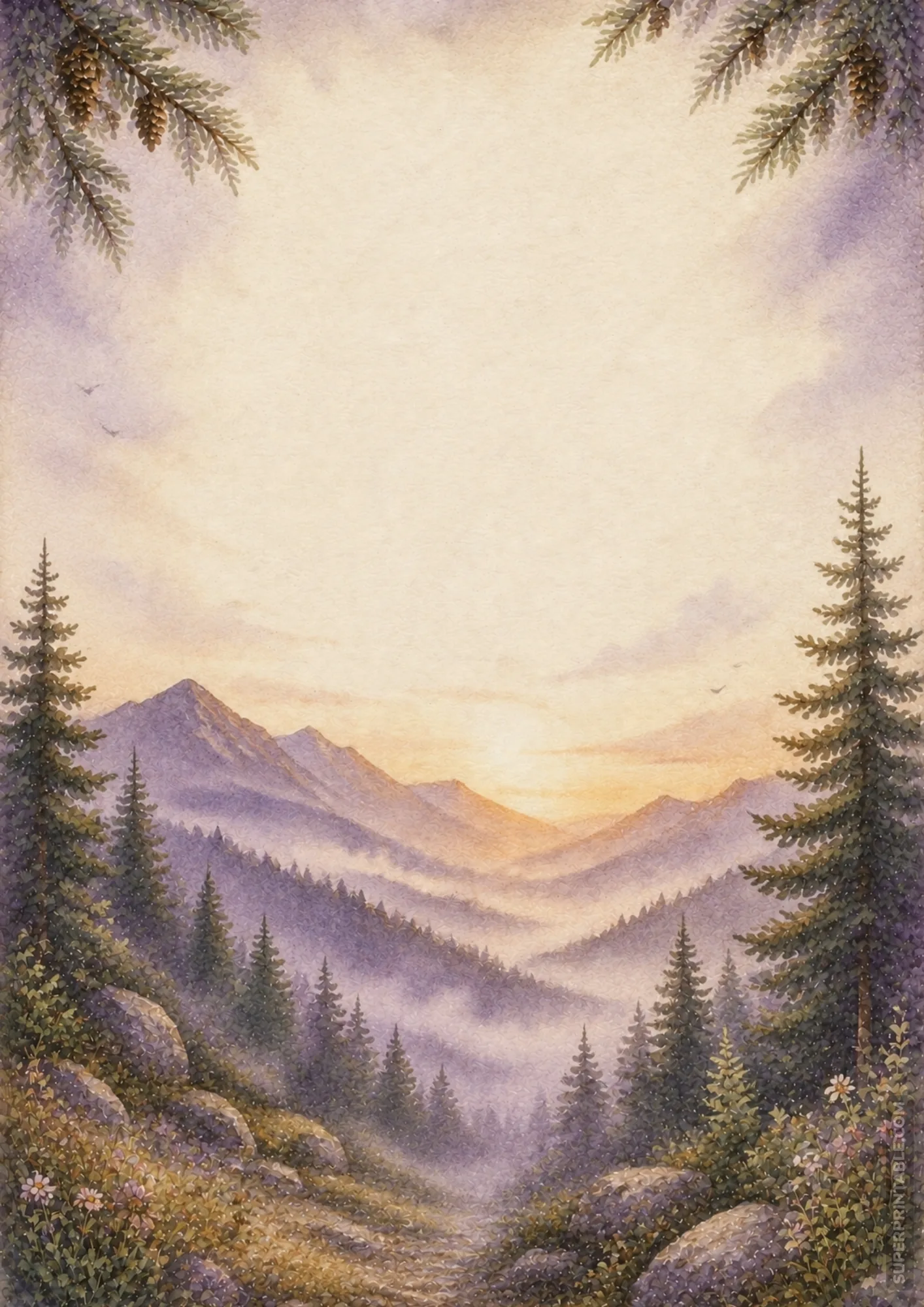Misty lavender mountain sunrise border with soft fog layers and tall pine silhouettes.
