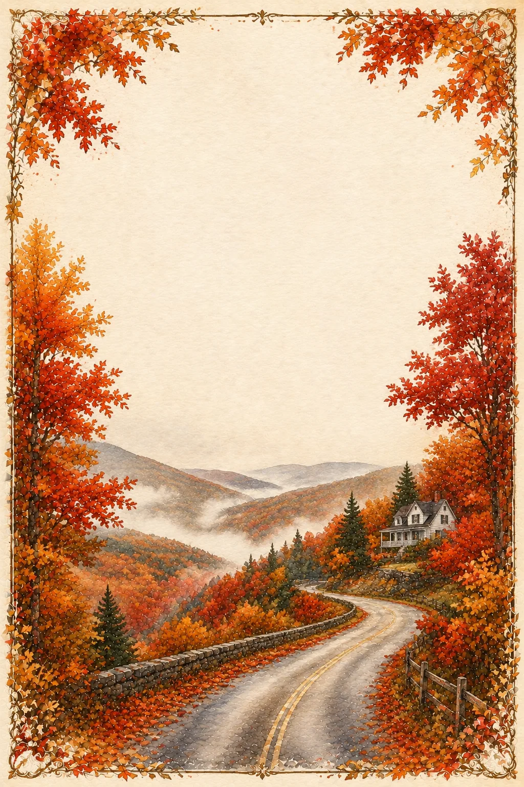 Scenic fall stationery page featuring a winding highway through misty autumn mountain valleys.