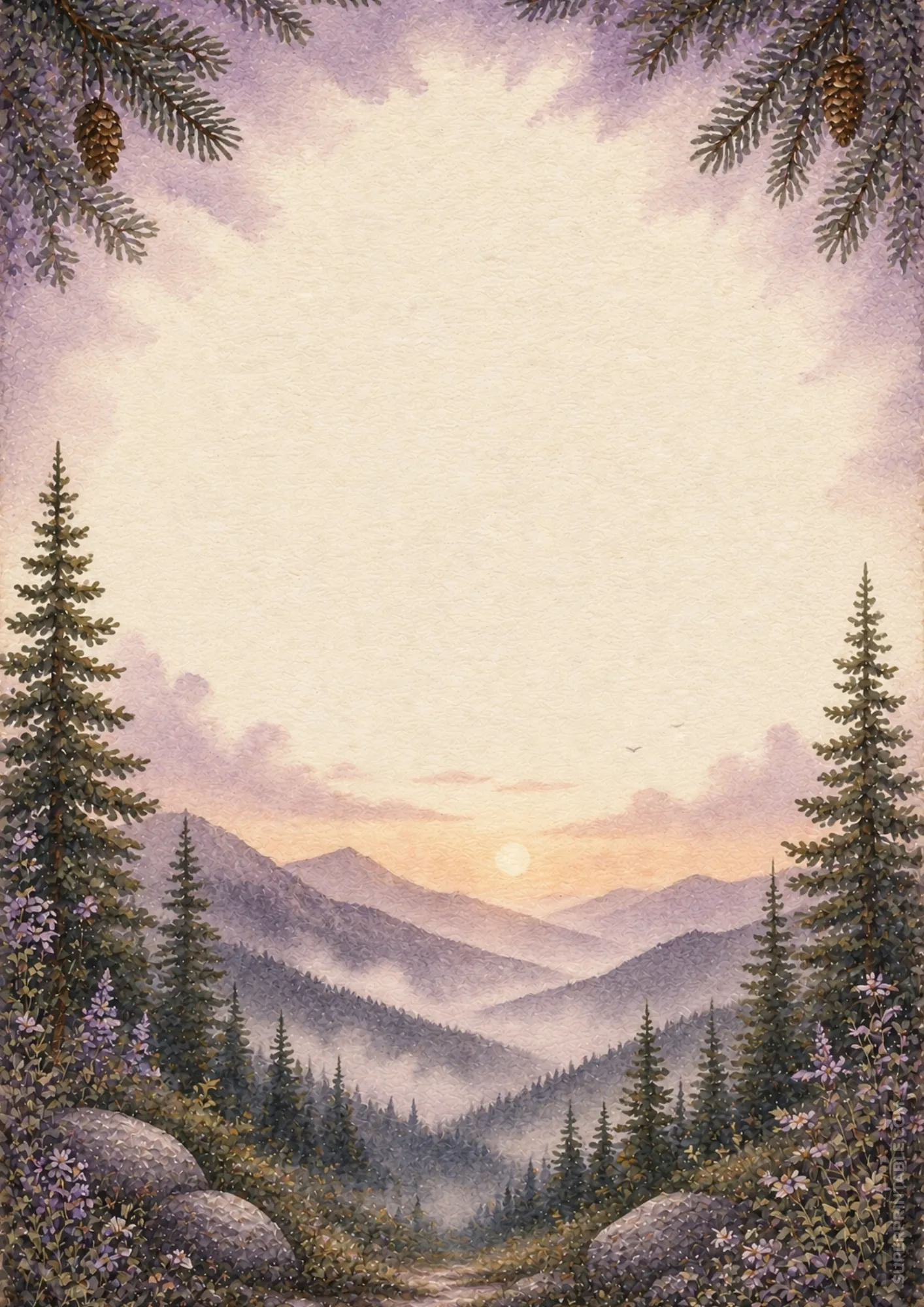 Purple sunset mountain paper border with soft misty valley ridges and lavender wild flora.