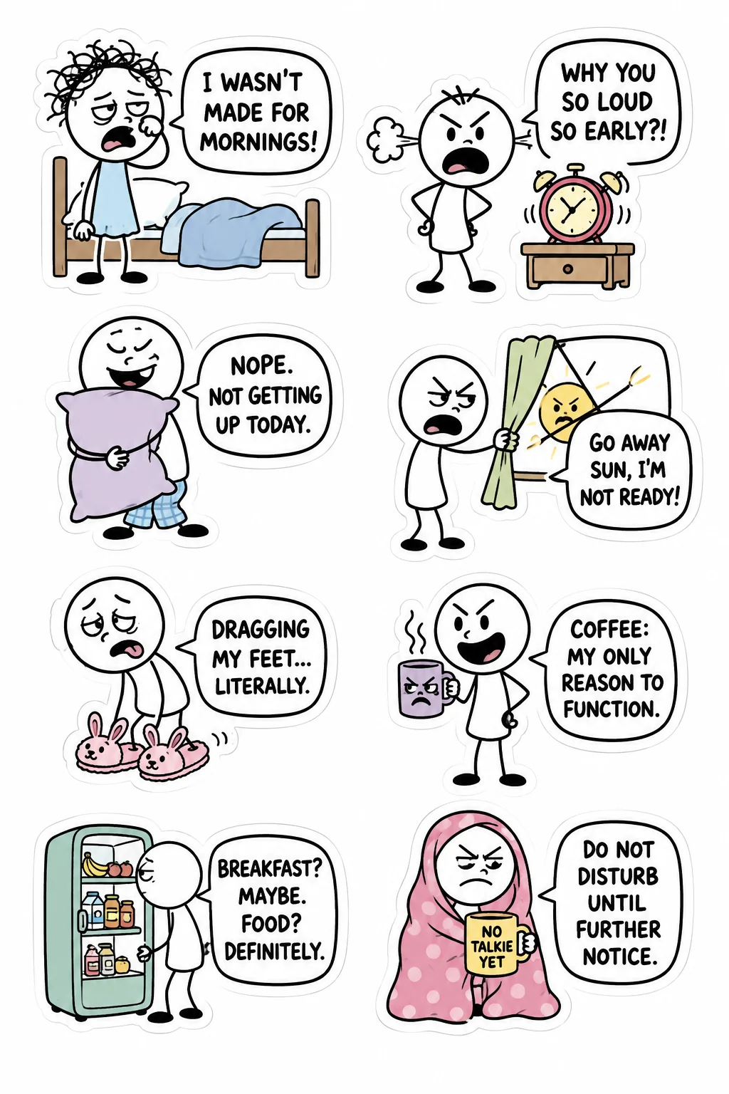 Printable mixed mood sticker sheet with eight stick-figure stickers about a grumpy morning