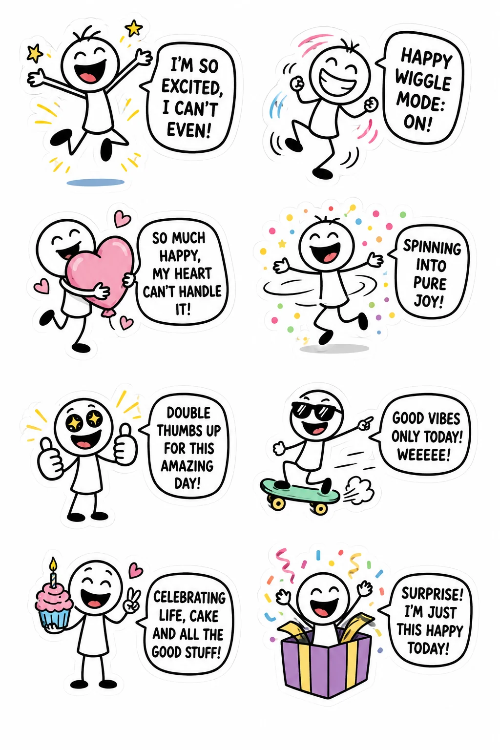 Printable mixed mood sticker sheet with eight stick-figure stickers about feeling excited and happy