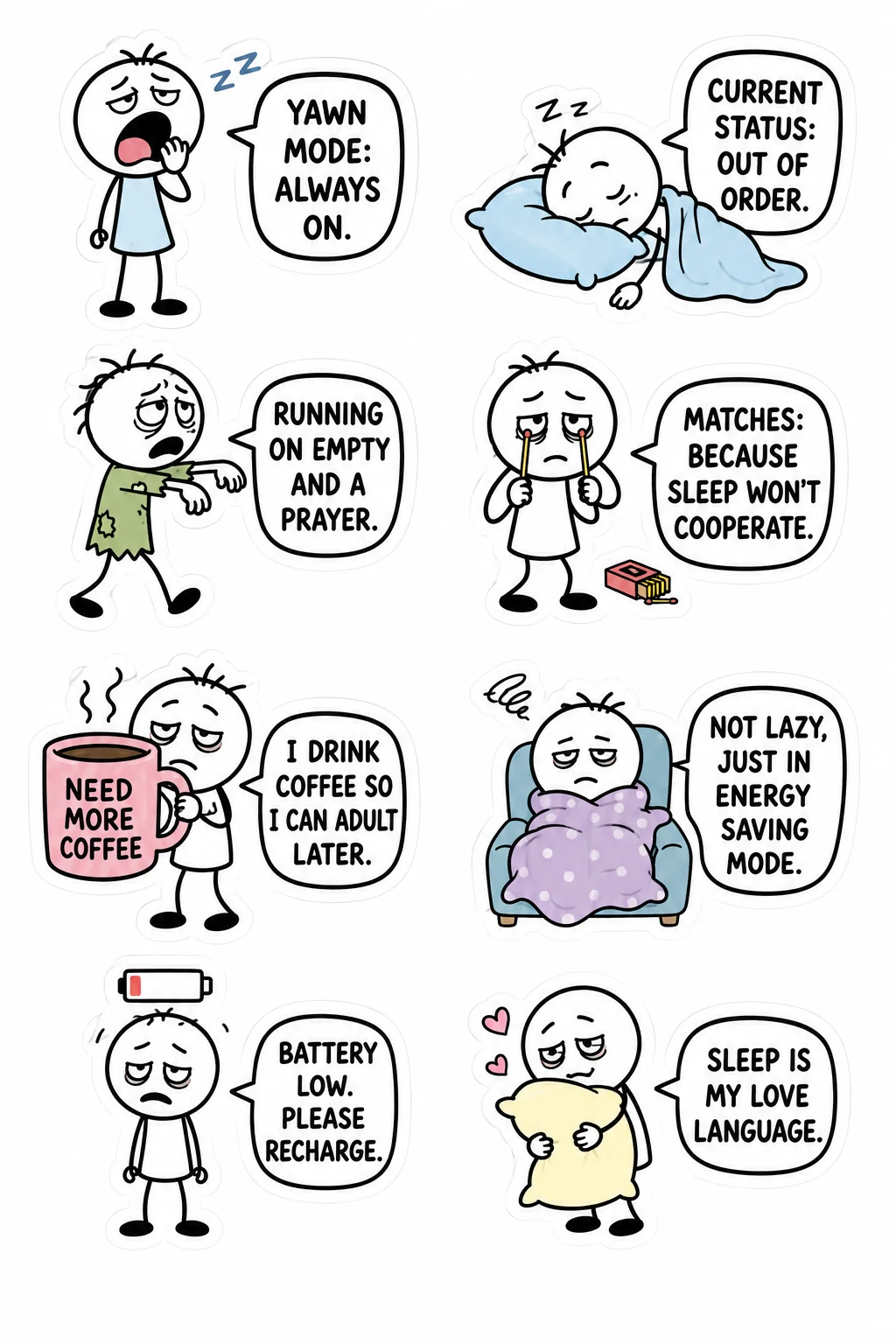 Printable mixed mood sticker sheet with eight stick-figure stickers about feeling tired and exhausted