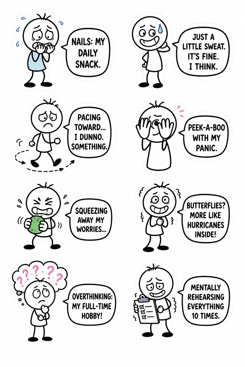 Printable mixed mood sticker sheet with eight stick-figure stickers about feeling nervous