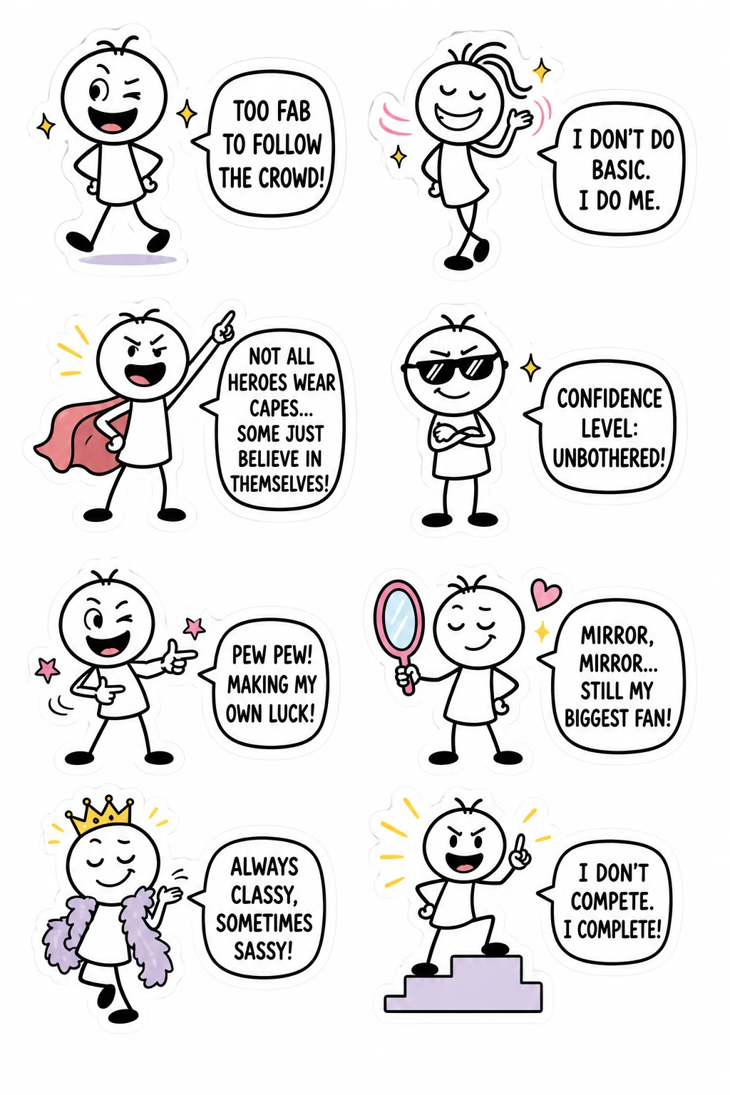 Printable mixed mood sticker sheet with eight stick-figure stickers about feeling confident and sassy