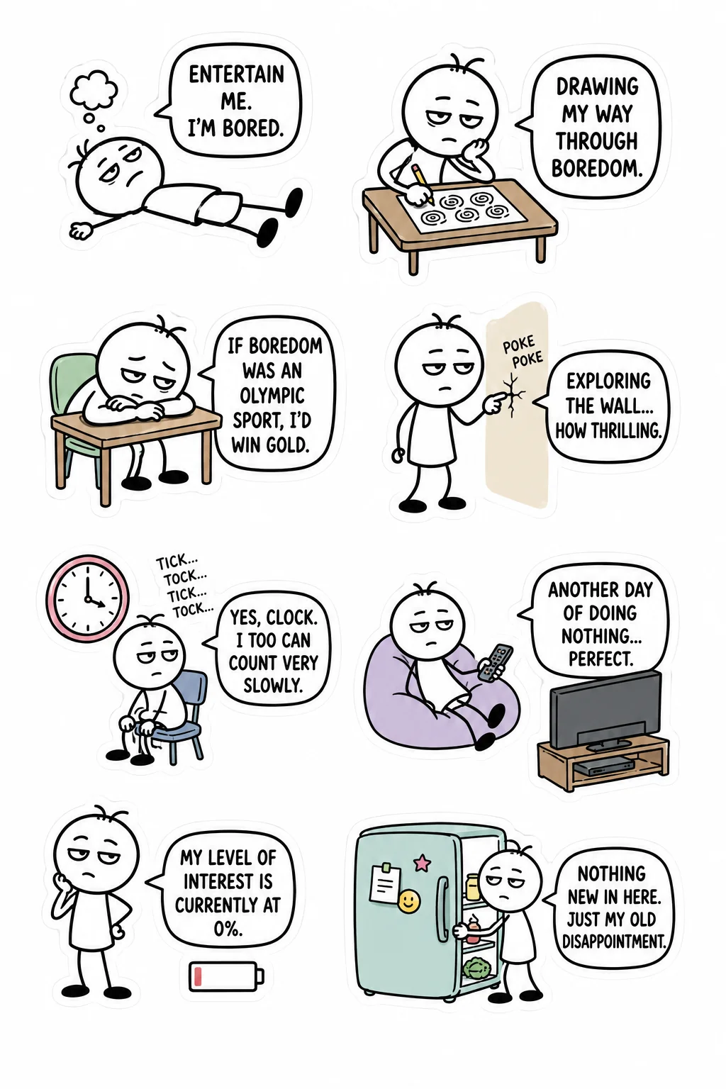 Printable mixed mood sticker sheet with eight stick-figure stickers about feeling bored