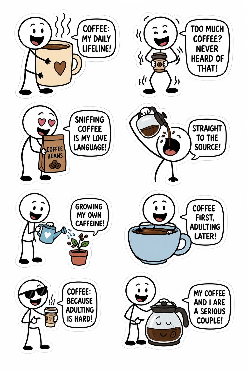 Printable mixed mood sticker sheet with eight stick-figure coffee humor stickers