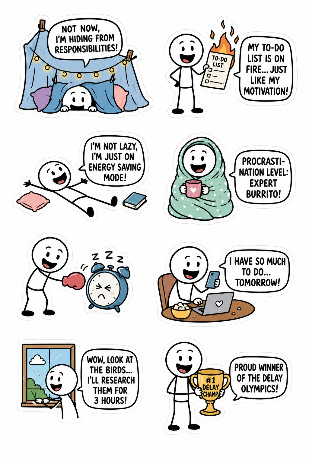 Printable mixed mood sticker sheet with eight stick-figure procrastination stickers