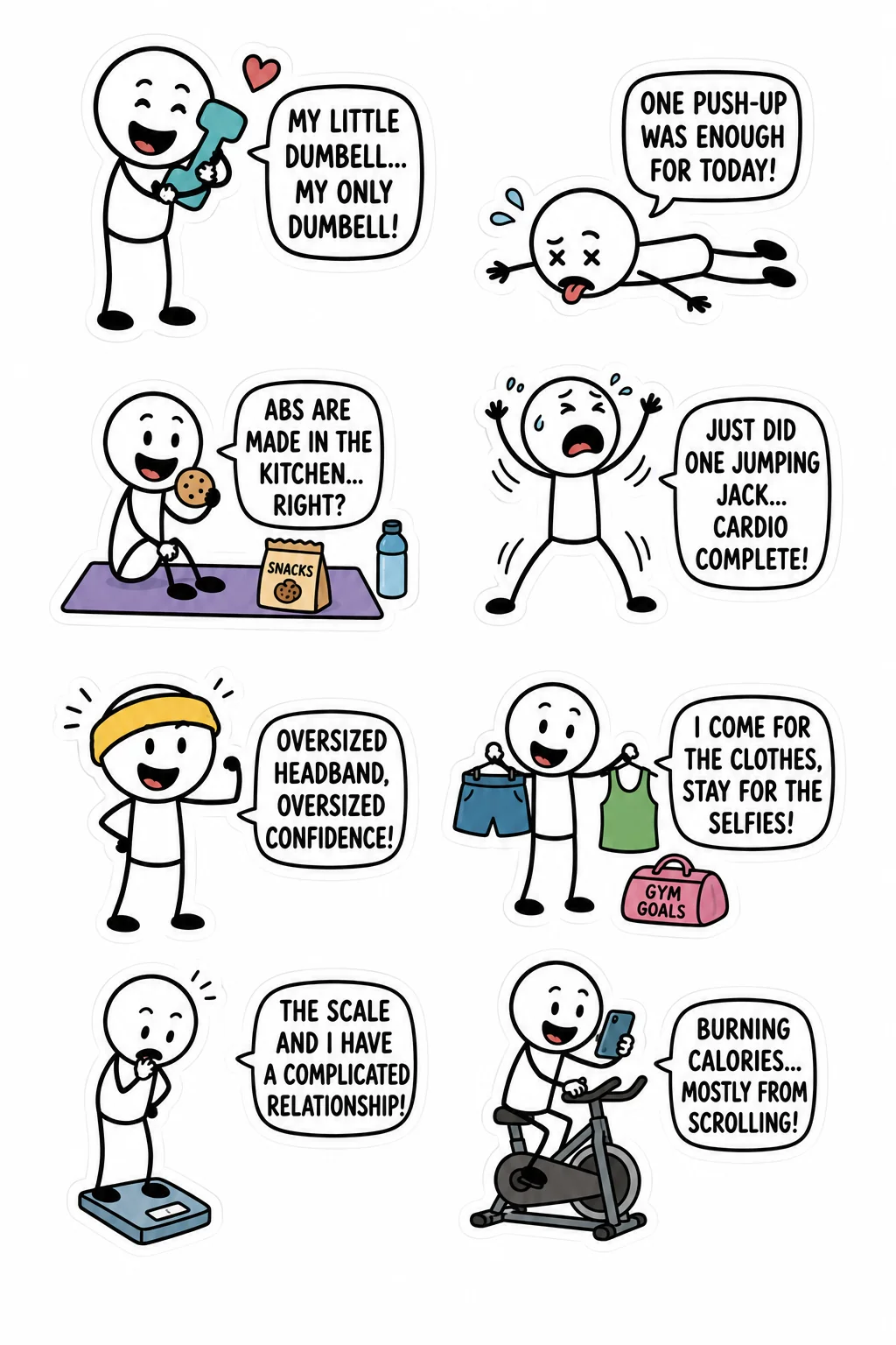 Printable mixed mood sticker sheet with eight stick-figure gym fail stickers