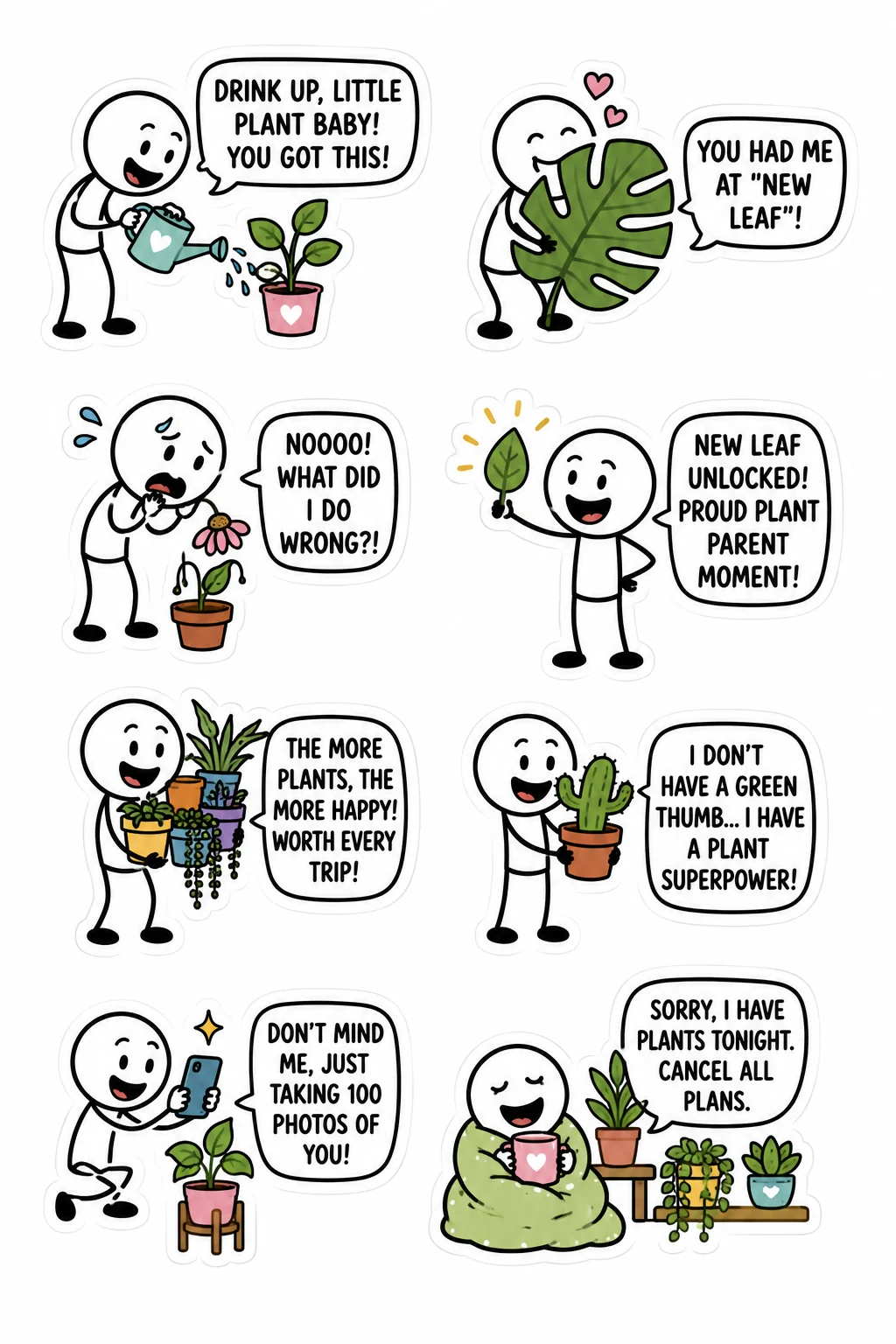 Printable mixed mood sticker sheet with eight stick-figure plant parent stickers