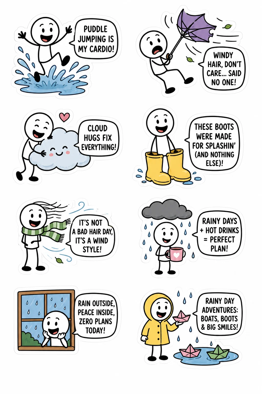Printable mixed mood sticker sheet with eight stick-figure weather stickers