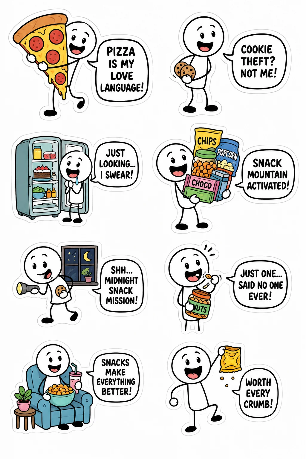 Printable mixed mood sticker sheet with eight stick-figure snack stickers