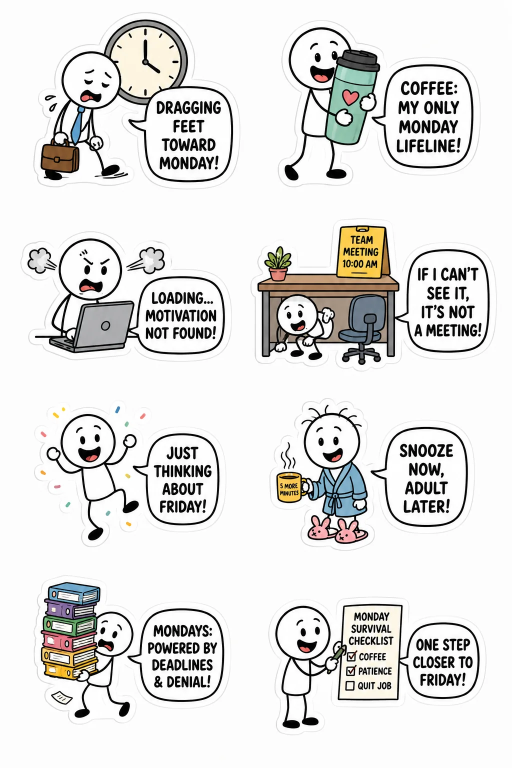 Printable mixed mood sticker sheet with eight stick-figure Monday work stickers