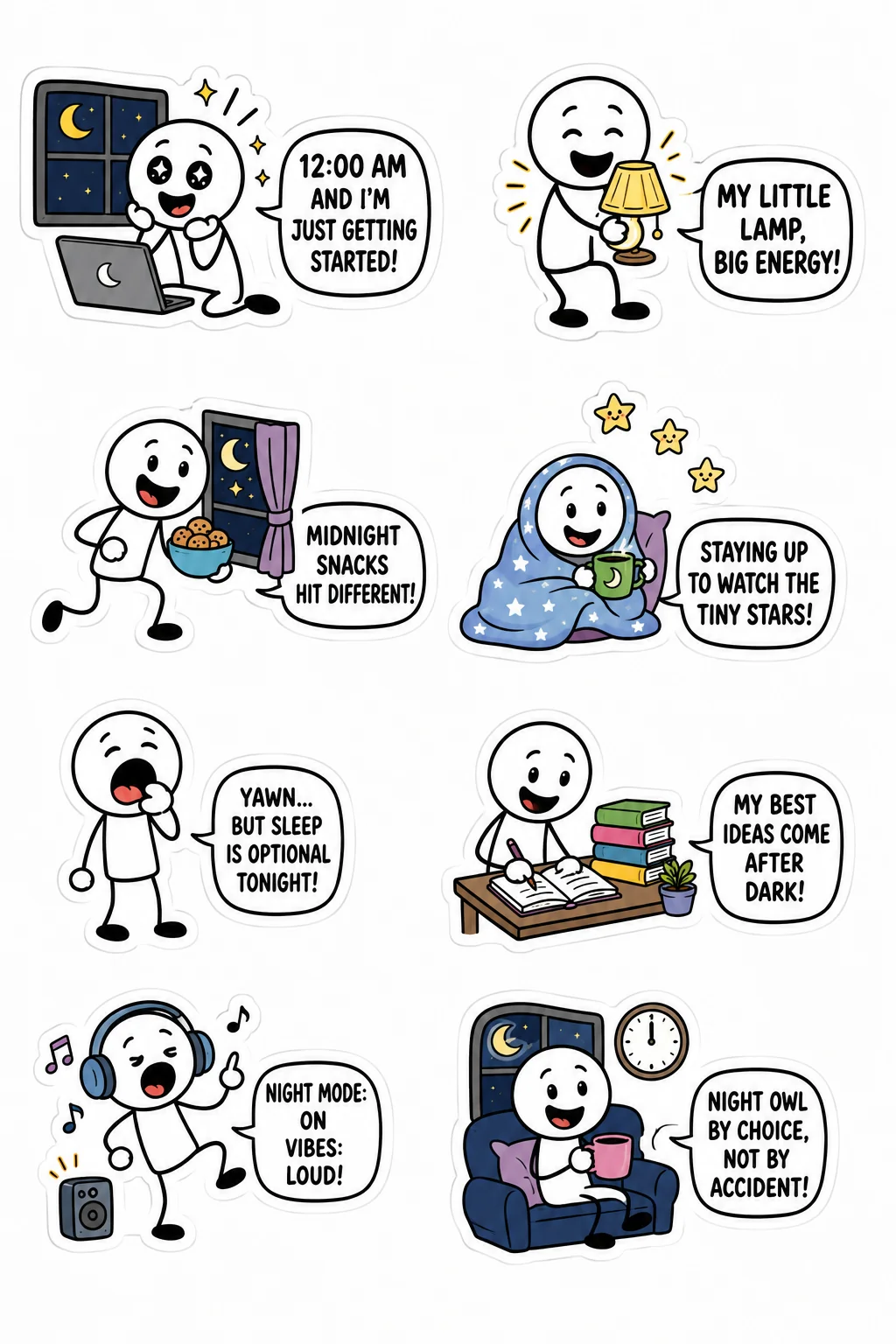 Printable mixed mood sticker sheet with eight stick-figure night owl stickers