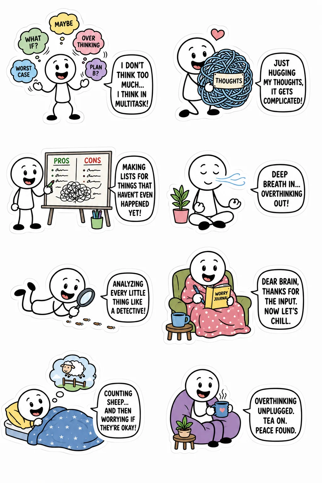 Printable mixed mood sticker sheet with eight stick-figure overthinking stickers