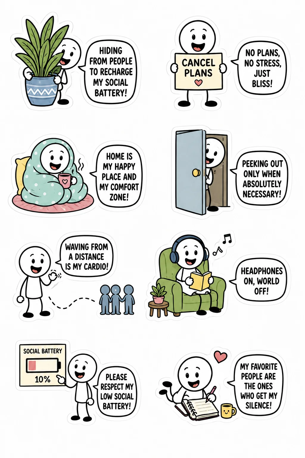 Printable mixed mood sticker sheet with eight stick-figure introvert stickers