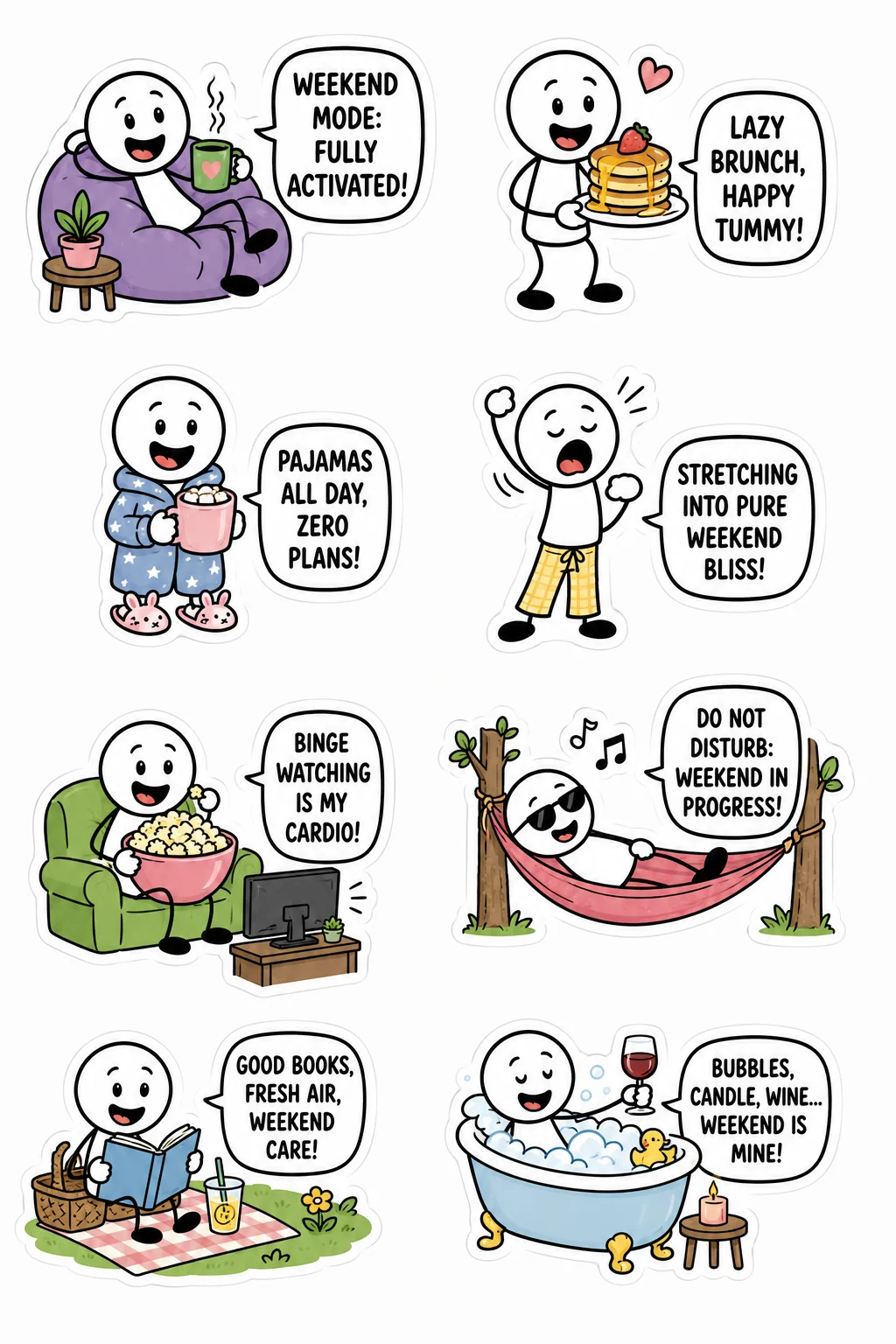 Printable mixed mood sticker sheet with eight stick-figure weekend stickers