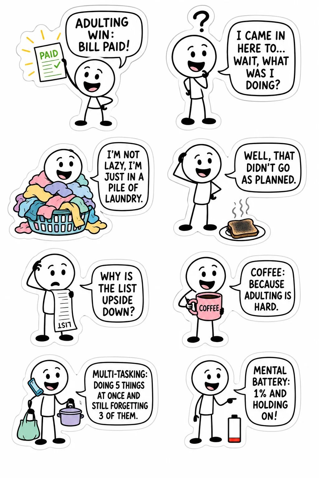 Printable mixed mood sticker sheet with eight stick-figure adulting stickers