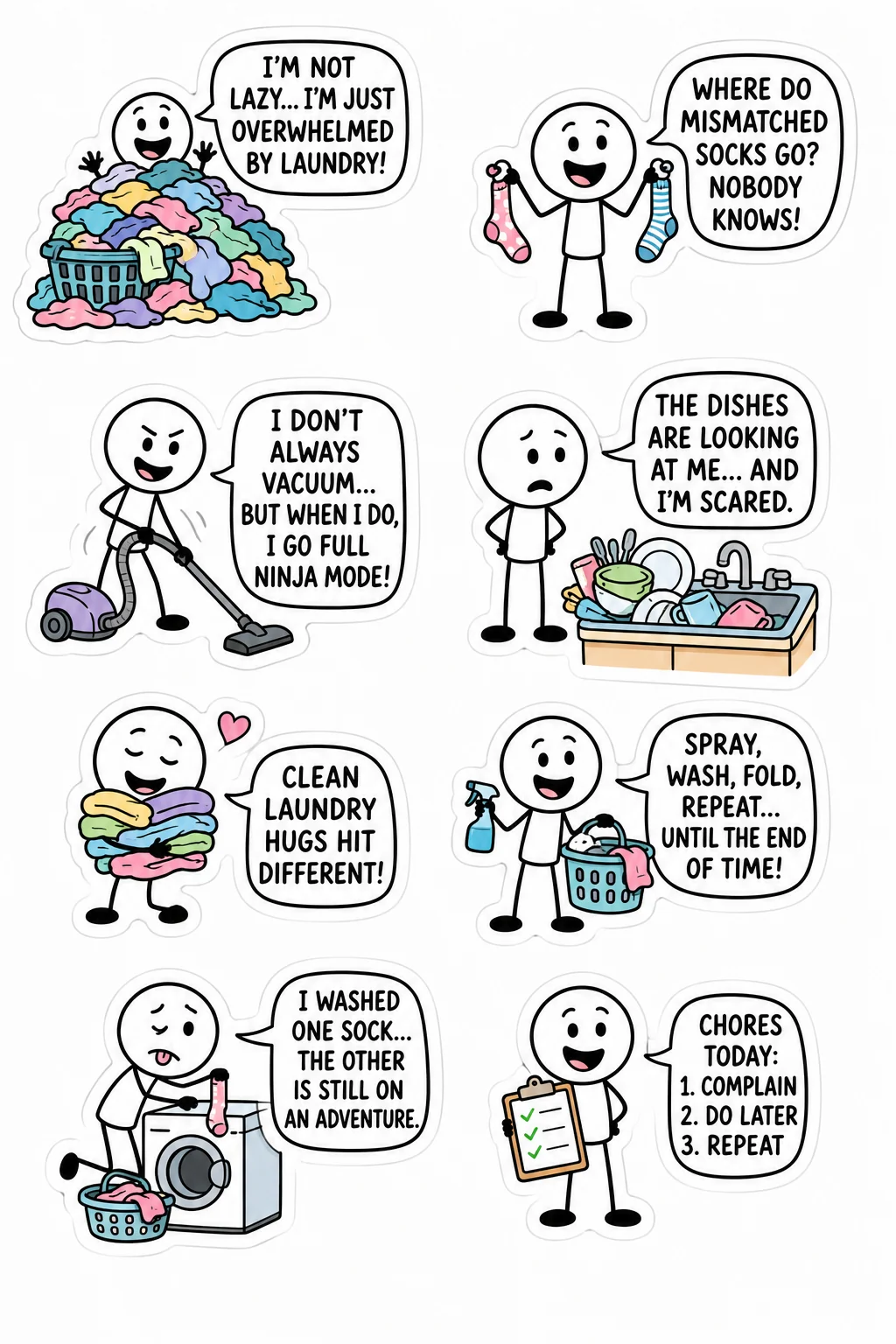 Printable mixed mood sticker sheet with eight stick-figure laundry and chore stickers