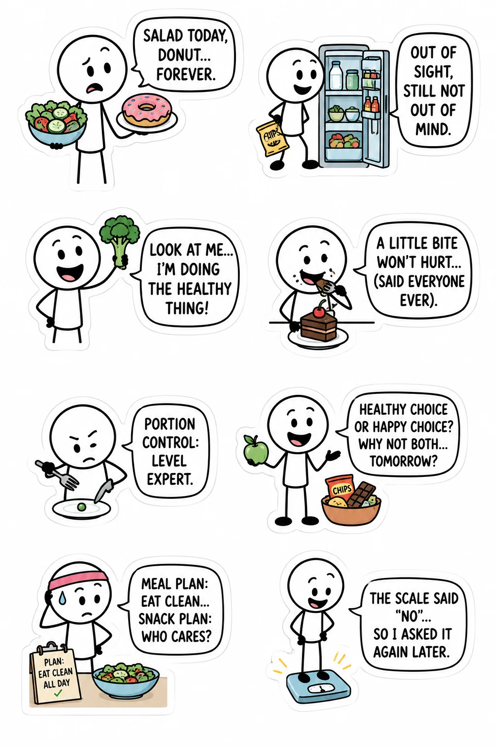 Printable mixed mood sticker sheet with eight stick-figure healthy eating stickers