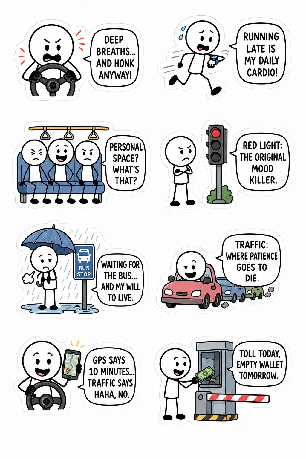Printable mixed mood sticker sheet with eight stick-figure traffic and commute stickers