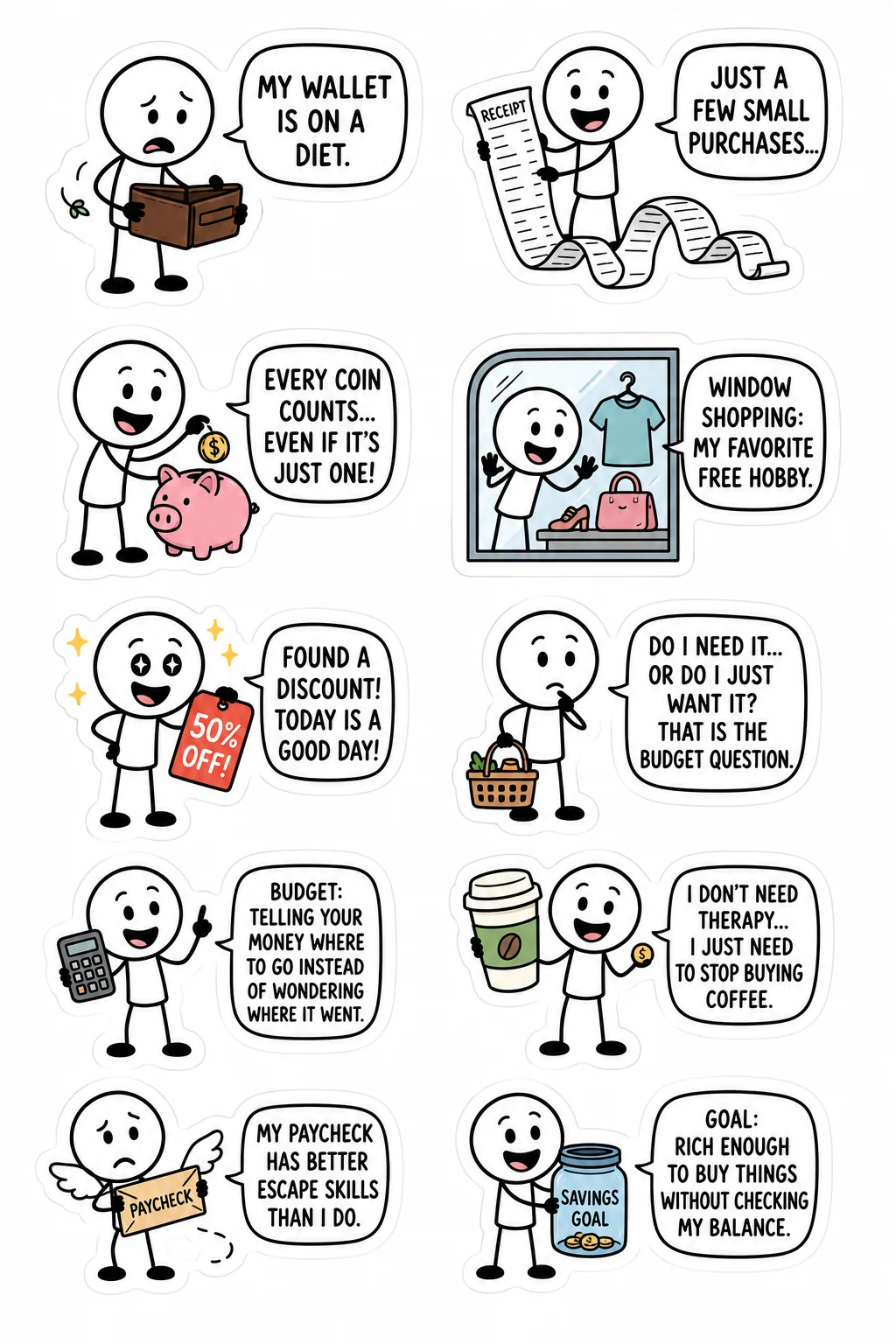Printable mixed mood sticker sheet with stick-figure budget and money stickers