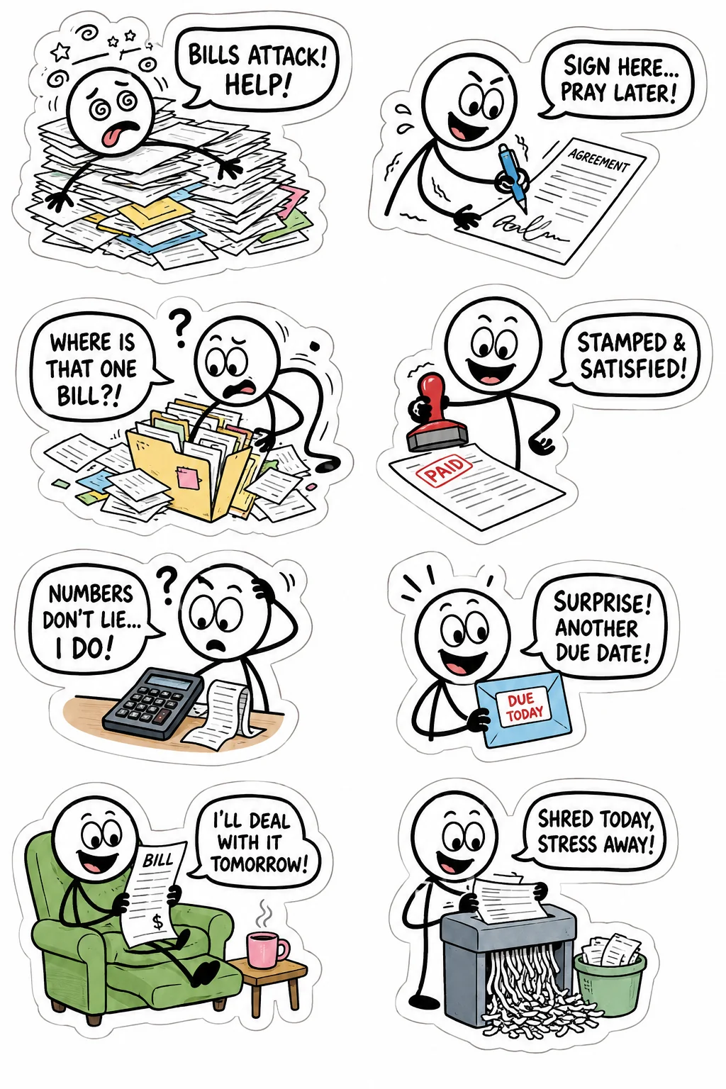 Printable mixed mood sticker sheet with eight stick-figure bills and paperwork stickers