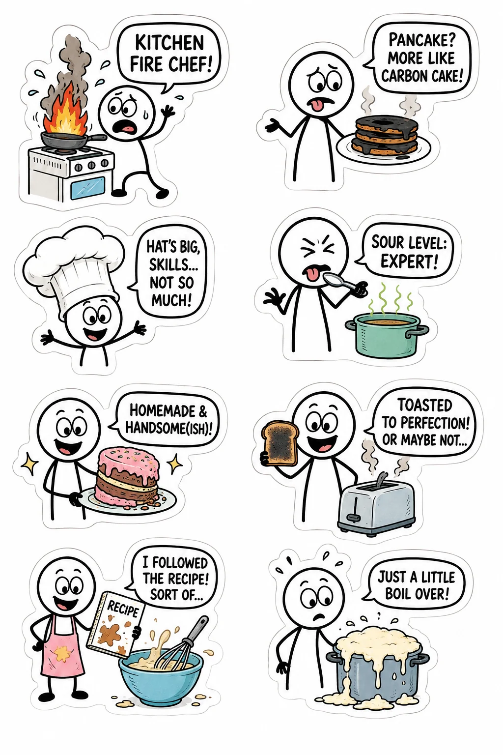 Printable mixed mood sticker sheet with eight stick-figure cooking fail stickers