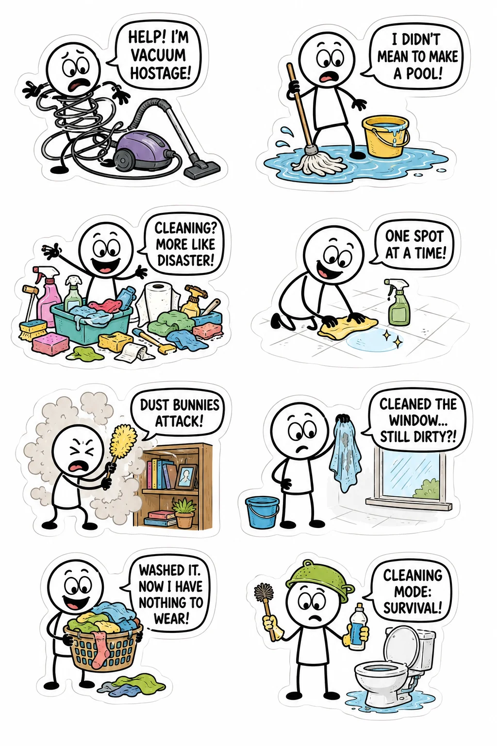 Printable mixed mood sticker sheet with eight stick-figure cleaning fail stickers