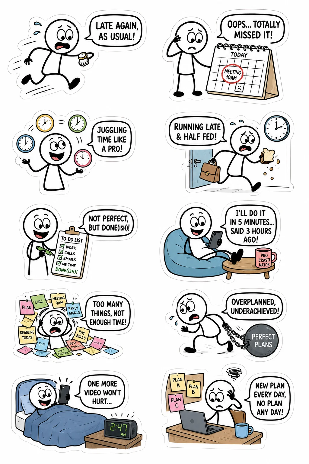 Printable mixed mood sticker sheet with stick-figure time management stickers