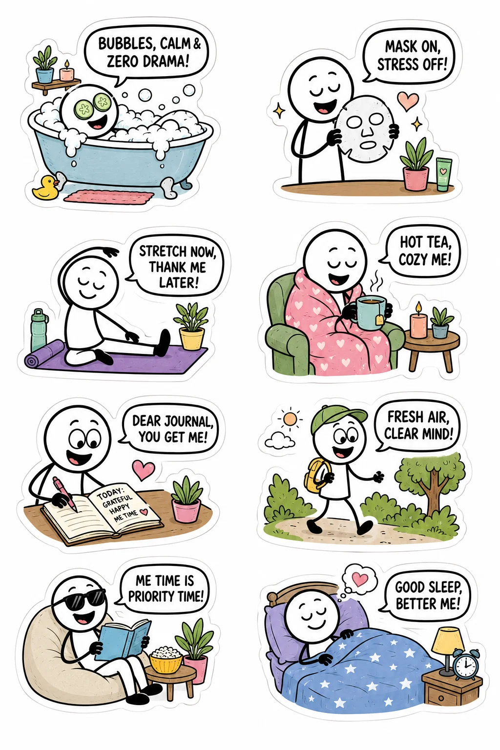 Printable mixed mood sticker sheet with eight stick-figure self-care stickers