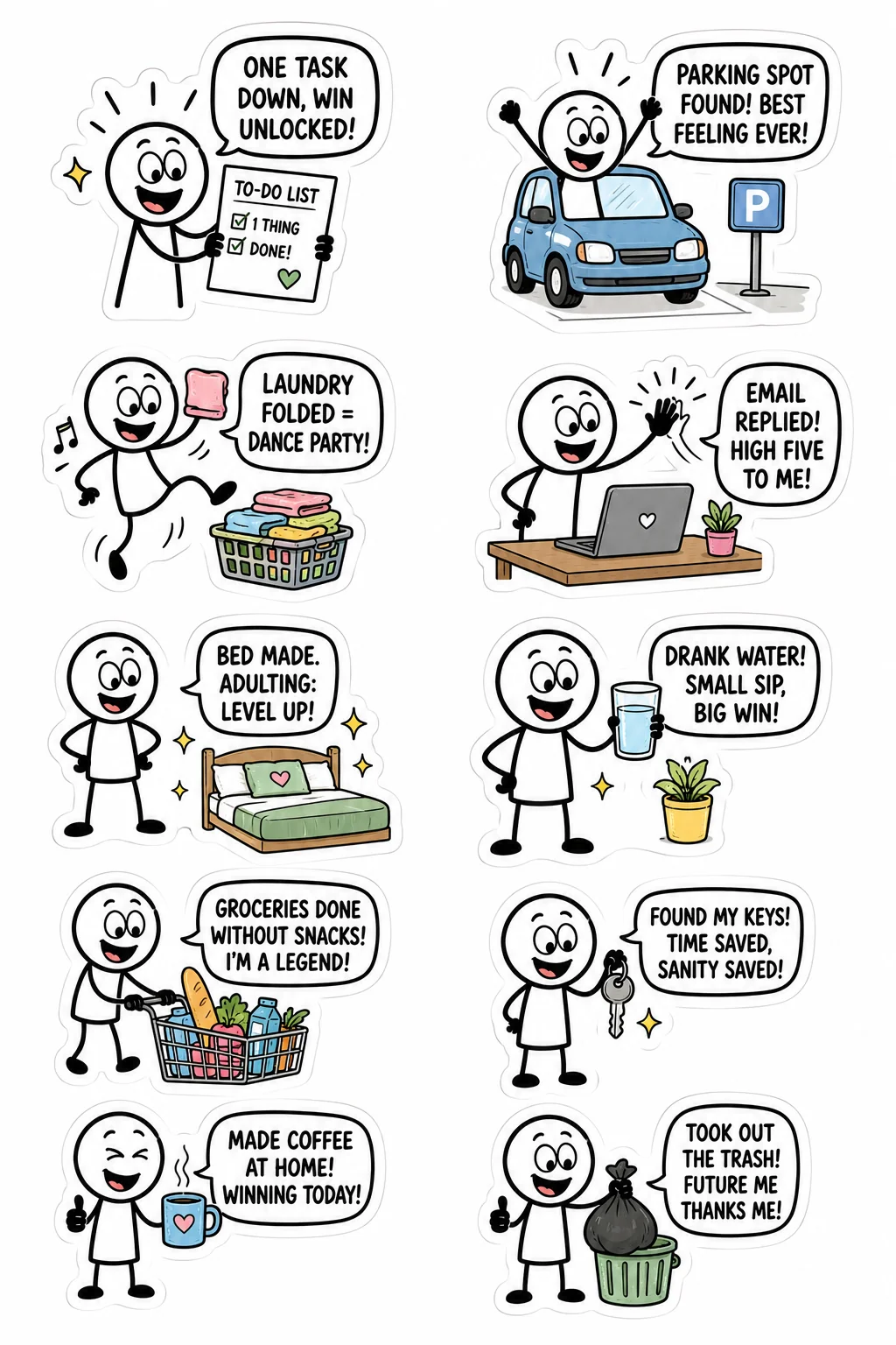 Printable mixed mood sticker sheet with stick-figure small victory stickers