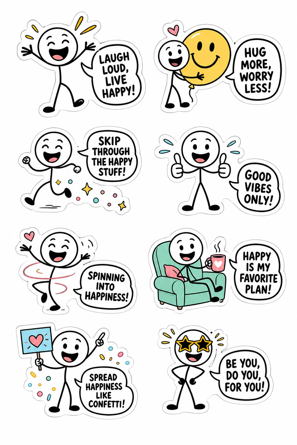 Printable mixed mood sticker sheet with eight stick-figure happy feels stickers
