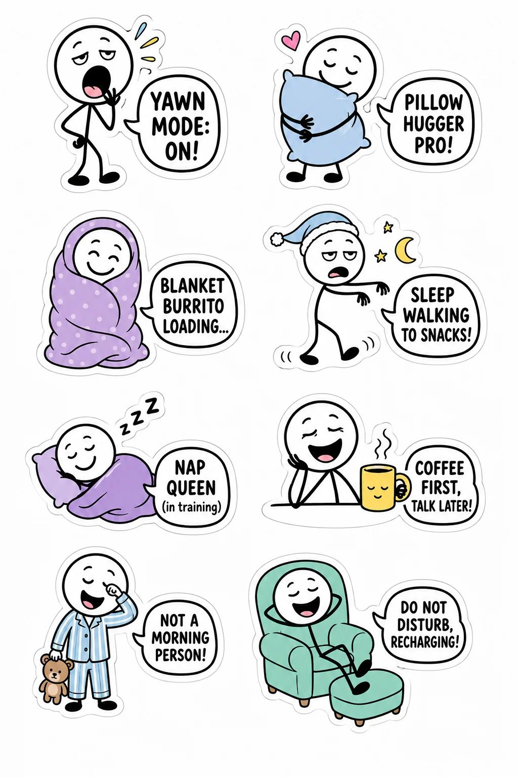 Printable mixed mood sticker sheet with eight stick-figure sleepy stickers
