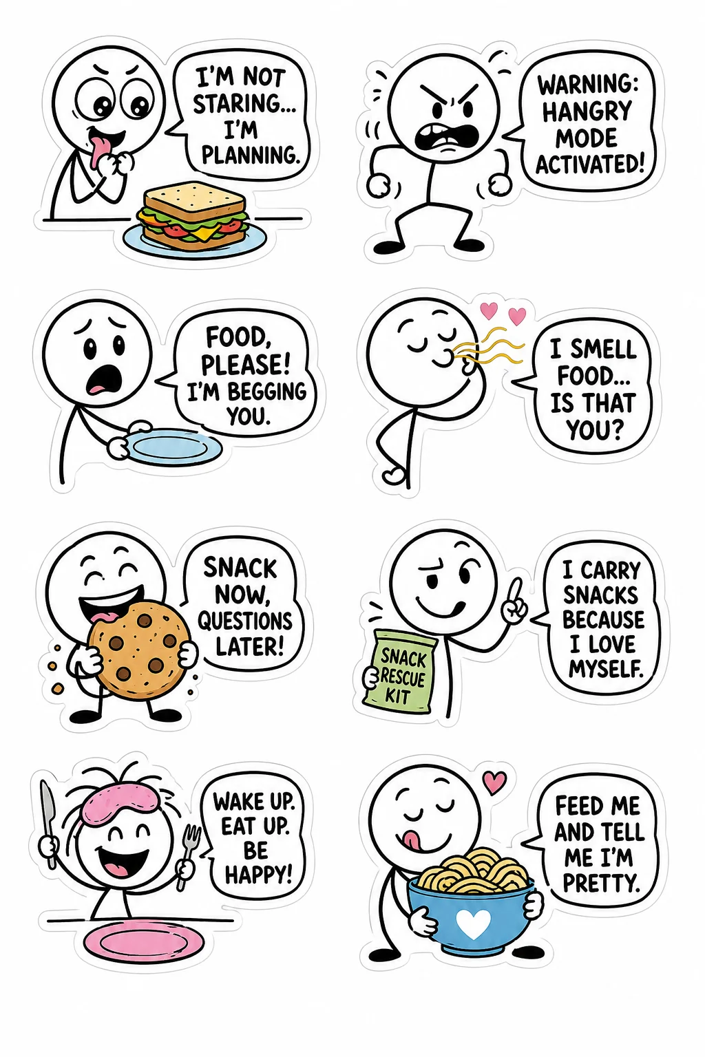 Printable mixed mood sticker sheet with eight stick-figure hangry stickers