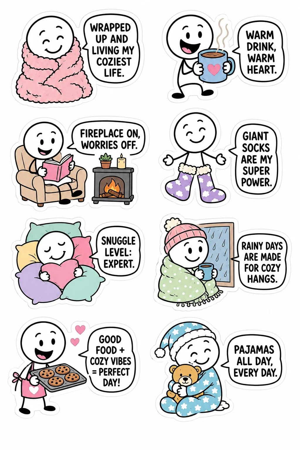 Printable mixed mood sticker sheet with eight stick-figure cozy stickers