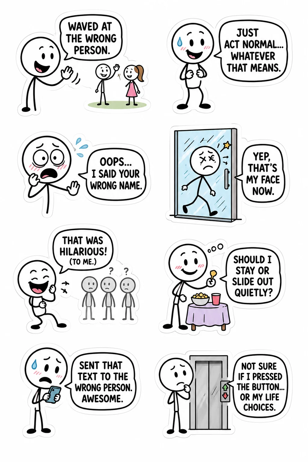 Printable mixed mood sticker sheet with eight stick-figure awkward moment stickers
