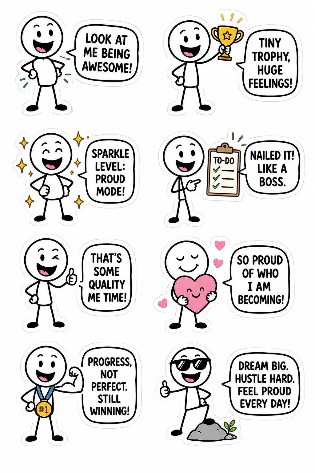 Printable mixed mood sticker sheet with eight stick-figure proud stickers