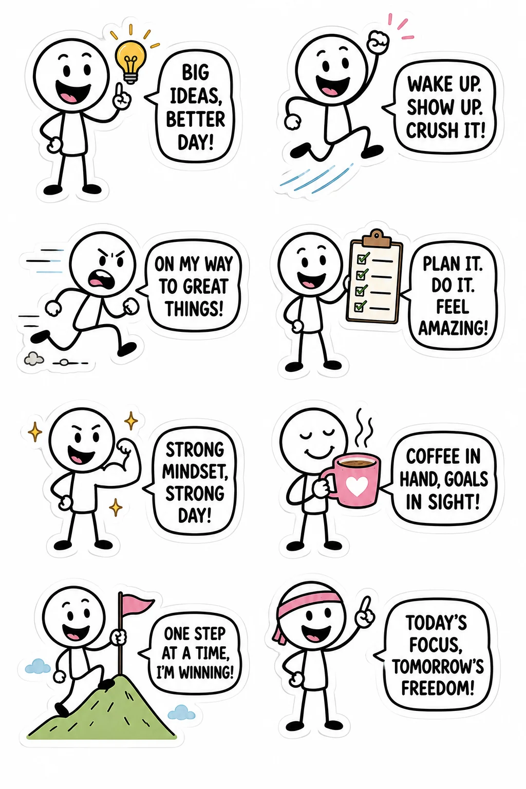Printable mixed mood sticker sheet with eight stick-figure motivated stickers