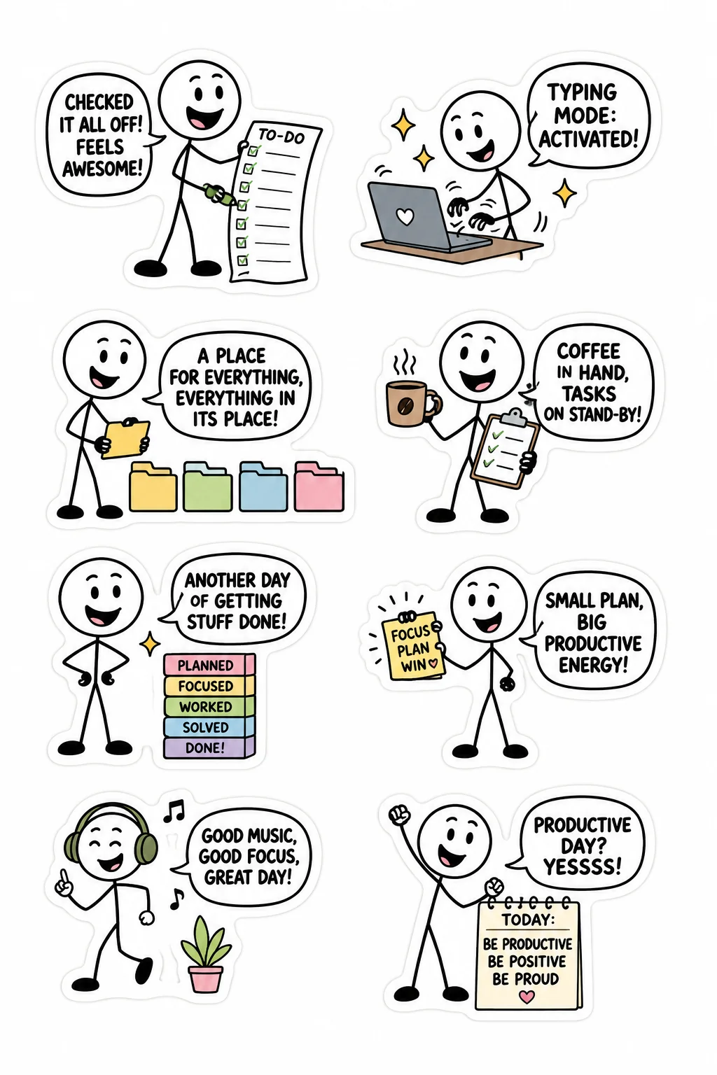 Printable mixed mood sticker sheet with eight stick-figure productive day stickers